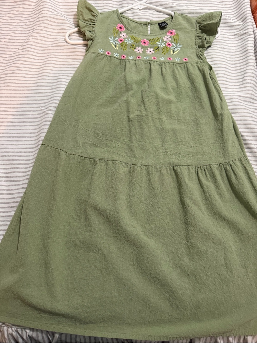 SHEIN Olive Green Midi Dress with Pink & White Floral Embroidery